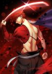  1boy absurdres back cape clenched_hand clenched_teeth emiya_shirou fate/grand_order fate_(series) fighting_stance glglpanda glint highres holding holding_sword holding_weapon igote katana limited/zero_over male_focus orange_eyes red_hair sengo_muramasa_(fate) shirtless solo sword teeth upper_body weapon white_cape wristband 