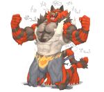  after_transformation anthro biped black_body black_fur bottomwear captainjohkid clothing felid feline fur grey_body grey_fur hi_res incineroar male mammal nintendo pok&eacute;mon pok&eacute;mon_(species) red_body red_fur solo torn_bottomwear torn_clothing video_games 