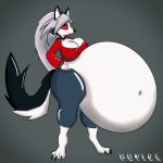  absurd_res anthro belly big_belly big_breasts breasts canid canine canis cleavage clothed clothing female grey_background grey_hair hair helluva_boss hi_res hyper hyper_belly imafetish loona_(vivzmind) male mammal navel nsfwoaf red_sclera simple_background solo vore watermark wolf 