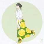  1girl awai880 bangs black_eyes black_hair blunt_bangs circle collared_shirt food fruit full_body green_skirt leg_up lemon lemon_print lemon_slice long_skirt original print_skirt shirt shoes signature skirt solo white_shirt 