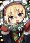  1girl bangs black_coat blonde_hair blue_eyes blush bob_cut bow breath christmas christmas_ornaments coat commentary eyebrows_visible_through_hair fang flower fur-trimmed_sleeves fur_trim gingerbullet girls_und_panzer green_scarf highres holding holding_wreath katyusha_(girls_und_panzer) long_sleeves looking_at_viewer multicolored multicolored_clothes multicolored_scarf open_mouth red_mittens red_scarf scarf short_hair smile solo upper_body white_bow white_flower wreath 