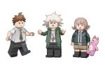  1girl 2boys :o ahoge backpack bag bangs black_jacket blunt_bangs breast_pocket brown_hair brown_skirt commentary crazy_eyes danganronpa_(series) danganronpa_2:_goodbye_despair diaper ear_ribbon green_jacket grey_hair grey_shirt hair_between_eyes hair_ornament hands_up highres hinata_hajime hood hoodie jacket komaeda_nagito lego lego_minifig light_brown_hair long_sleeves looking_at_viewer monomi_(danganronpa) multiple_boys nanami_chiaki necktie open_clothes open_jacket pleated_skirt pocket print_shirt qosic shiny shiny_hair shirt short_hair simple_background skirt standing thighhighs upper_teeth white_background 