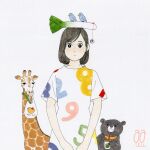  1girl awai880 bag bird black_bear black_eyes black_hair bright_pupils commentary_request cup dress drinking_straw giraffe looking_at_viewer number_print original print_dress short_hair short_sleeves signature simple_background solo spring_onion white_background white_dress white_pupils 