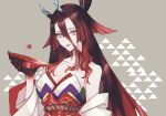  1girl brown_hair claws cup fate/grand_order fate_(series) holding holding_cup horns japanese_clothes kanitama_(putyourhead) kijo_kouyou_(fate) kimono looking_at_viewer multicolored_hair oni oni_horns sakazuki smile solo yellow_eyes 