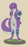  2021 anthro armor atane27 blush breasts embarrassed female front_view full-length_portrait genitals hands_behind_back hi_res lemurian looking_aside mostly_nude non-mammal_breasts portrait purple_body pussy risk_of_rain risk_of_rain_2 scalie shy solo standing 
