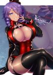  1girl black_legwear blue_eyes breasts cleavage commission crossed_legs dark_skin dated drill_hair fingerless_gloves gloves hair_over_eyes hat huge_breasts konshin looking_at_viewer mini_hat mini_top_hat phantasy_star phantasy_star_online_2 purple_hair shiny shiny_clothes short_hair skeb_commission solo thighhighs top_hat twin_drills 