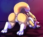  all_fours anthro anus butt digimon digimon_(species) female floor genitals kisera looking_at_viewer party paws presenting presenting_pussy pussy renamon simple_background solo 