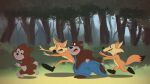  16:9 abner_(chucklewood_critters) anthro baggy_clothing buttons_(chucklewood_critters) canid canine chucklewood_critters clothing fox george_(chucklewood_critters) group height_reduction hi_res male male/male mammal ore-art playing rusty_(chucklewood_critters) ursid widescreen 