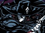  1boy brown_hair cape closed_mouth d_(vampire_hunter_d) hat highres male_focus muscular simple_background solo sword tukiwani vampire vampire_hunter_d weapon 