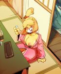  2021 animal_crossing anthro big_breasts blush box_chan breasts canid canine canis clothed clothing domestic_dog drunk eyes_closed female hi_res high-angle_view isabelle_(animal_crossing) kneeling mammal nightgown nintendo nipples one_breast_out partially_clothed shih_tzu short_stack solo substance_intoxication toy_dog video_games yellow_body 