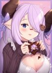  1girl apron black_sweater blue_eyes blush bow breasts candy chocolate chocolate_heart chocolate_on_breasts cleavage cleavage_cutout clothing_cutout commentary_request curled_horns draph fang food food_on_breasts food_on_face frilled_apron frills granblue_fantasy hair_bow hair_ornament hair_over_one_eye hands_up heart heart_cutout heart_hair_ornament highres holding holding_food horns large_breasts long_hair long_sleeves looking_at_viewer narmaya_(granblue_fantasy) parted_lips pink_background pointy_ears purple_bow purple_hair ribbed_sweater sleeves_past_wrists smile solo sweater uneg upper_body white_apron 