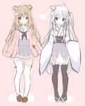  2girls :d ahoge bear_hair_ornament black_legwear black_neckwear blue_eyes blue_skirt blush bow brown_eyes brown_footwear brown_hair closed_mouth commentary_request double_bun grey_hair hair_bow hair_ornament heart jacket japanese_clothes kimono long_hair long_sleeves multiple_girls neckerchief obi one_side_up open_clothes open_jacket open_mouth original pink_background pink_jacket pleated_skirt sailor_collar sash school_uniform serafuku shiratama_(shiratamaco) shirt skirt sleeves_past_fingers sleeves_past_wrists smile thighhighs very_long_hair white_bow white_kimono white_legwear white_sailor_collar white_shirt wide_sleeves work_in_progress zouri 