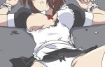  1girl apron black_dress bow breasts breasts_outside brown_hair closed_eyes dress frills hiroishi_rin kuroyoshi lying maid maid_apron nipples no_bra on_back on_floor panties red_bow red_neckwear solo torn_clothes torn_dress underwear white_panties zettai_shougeki 