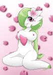  absurd_res accessory anonymous_artist blush breasts female flower gardevoir genitals green_hair hair hair_accessory hi_res humanoid nintendo not_furry plant pok&eacute;mon pok&eacute;mon_(species) pussy red_eyes signature simple_background solo video_games white_body 
