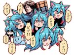  1boy 1girl :d ^_^ ahoge animal_ear_fluff animal_ears bangs blue_hair cat closed_eyes closed_mouth death_stranding eyebrows_visible_through_hair eyes_visible_through_hair fox_ears fox_girl fox_tail hair_between_eyes highres indie_virtual_youtuber long_hair multiple_tails onyankopon_(vtuber) open_mouth sam_porter_bridges simple_background smile speech_bubble straight_hair tail translation_request tukiwani upper_body very_long_hair virtual_youtuber white_background 