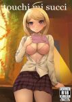  1girl ahoge akamatsu_kaede bangs blonde_hair blush bra breasts cleavage commentary cover cover_page danganronpa_(series) danganronpa_v3:_killing_harmony doujin_cover english_commentary eyebrows_visible_through_hair grey_shirt hair_ornament highres indoors large_breasts lift lifted_by_self light_smile long_hair long_sleeves looking_at_viewer musical_note musical_note_hair_ornament partially_unbuttoned pink_bra pleated_skirt purple_eyes qosic school_uniform shirt shirt_lift sitting sketch skirt smile solo standing sweater_vest underwear white_shirt 