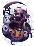  1girl black_dress breasts candy cleavage crossed_legs death-sensei_(mori_calliope) dress food halloween highres holding holding_scythe hololive hololive_english jack-o&#039;-lantern long_hair looking_down mori_calliope pink_eyes pink_hair scythe simple_background sitting skull solo sooon tiara veil virtual_youtuber white_background 