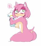  2020 amy_rose anthro blush box_chan breasts butt clothing eulipotyphlan female frown gloves gloves_only green_eyes handwear handwear_only hedgehog hi_res looking_aside looking_back mammal mostly_nude pink_body portrait side_view sitting solo sonic_the_hedgehog_(series) three-quarter_portrait 