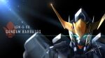  aqua_eyes black_background character_name gundam gundam_barbatos gundam_tekketsu_no_orphans mecha no_humans science_fiction serike_w signature solo upper_body v-fin 