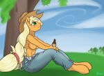  applejack_(mlp) blush breasts calm clothed clothing edgarkingmaker female friendship_is_magic hasbro my_little_pony nipples sitting solo topless 