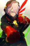  1boy bangs black_coat chain cis05 coat colored_skin eyeshadow fate/grand_order fate_(series) gloves green_eyes hair_over_one_eye hood hood_up karna_(fate) karna_(santa)_(fate) looking_at_viewer makeup pale_skin red_gloves sandbag short_hair smile white_hair white_skin 