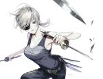  1girl bare_arms belt breasts chainsaw_man collarbone dual_wielding eyebrows_visible_through_hair eyepatch holding koshika_rina medium_breasts ponytail purple_eyes quanxi_(chainsaw_man) shirt short_hair short_ponytail silver_hair simple_background solo sword tank_top torn_clothes torn_legwear torn_shirt weapon white_background 