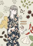  1girl awai880 bangs blunt_bangs dress floral_print grey_eyes grey_hair highres holding holding_spoon leaf long_hair long_sleeves original pepper print_dress signature solo spoon thorns upper_body 