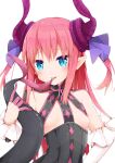  1girl arm_up bangs blue_eyes breasts elizabeth_bathory_(fate) elizabeth_bathory_(fate)_(all) eyebrows_visible_through_hair eyes_visible_through_hair fang fate/extra fate/extra_ccc fate_(series) hair_ornament highres holding horns kamu_(geeenius) licking long_hair looking_at_viewer open_mouth pink_hair pointy_ears saliva sidelocks simple_background small_breasts tongue tongue_out 
