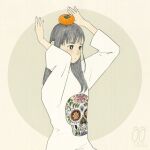  1girl awai880 bangs black_eyes blush bright_pupils circle commentary_request food food_on_head fruit fruit_on_head grey_hair long_hair long_sleeves object_on_head orange original print_shirt shirt signature solo white_pupils white_shirt 