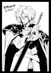  armor cape character_request closed_mouth greyscale highres monochrome simple_background solo sword tukiwani weapon white_background 