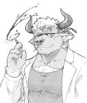  1boy absurdres animal_ears bara camouflage camouflage_headwear chest_hair chinese_zodiac cow_ears cow_horns doctor furry headband highres horns labcoat male_focus minotaur mint muscular muscular_male pectorals purple_eyes shennong_(tokyo_houkago_summoners) short_hair smile solo spot_color syringe tank_top tokyo_houkago_summoners upper_body waguma_(russel0201) white_hair year_of_the_ox 