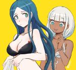  2girls :3 alternate_costume artist_name bangs bikini black_bikini blue_hair blunt_bangs blush bow bra breasts cleavage collarbone commentary danganronpa_(series) danganronpa_v3:_killing_harmony dark_skin dark_skinned_female eyebrows_visible_through_hair green_eyes grey_bikini grey_hair jewelry long_hair looking_at_another medium_breasts multiple_girls qosic red_bow shirogane_tsumugi simple_background sweatdrop swimsuit tongue underwear upper_body yellow_background yonaga_angie 