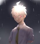  1boy ahoge closed_mouth collared_shirt commentary danganronpa_(series) danganronpa_2:_goodbye_despair gradient gradient_background hinata_hajime hinata_hajime_(awakened) looking_at_viewer male_focus necktie qosic red_eyes shirt short_hair sketch smile solo spiked_hair spoilers upper_body white_hair white_shirt 