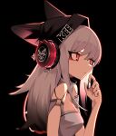  1girl animal_ear_headwear arknights bangs black_background black_headwear breasts detached_collar eyebrows_behind_hair finger_to_mouth from_side frostleaf_(arknights) ghost_(tama) grey_hair grey_shirt hat headphones highres medium_breasts red_eyes shirt solo strapless_shirt 