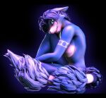  2018 3d_(artwork) anthro black_background blue_background blue_body blue_fur blue_hair breasts canid canine digital_media_(artwork) female fox fur furniture gradient_background green_eyes hair krystal looking_at_viewer mammal multicolored_body multicolored_fur multicolored_tail nintendo nude one_leg_up raised_leg seductive silvarion silvarus simple_background sitting smile solo star_fox tailband tattoo video_games white_body white_fur 