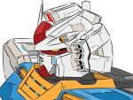  aron_e close-up glowing glowing_eyes gundam looking_down mecha mobile_suit_gundam no_humans rx-78-2 science_fiction solo v-fin white_background yellow_eyes 