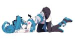  1girl ;o absurdly_long_hair arm_support black_footwear black_skirt black_wings blue_eyes blue_hair boots breasts collared_shirt crossed_arms curly_hair eiku expressionless eyes_visible_through_hair facing_viewer from_side full_body grey_shirt hatsune_miku head_rest highres long_hair looking_away lying miniskirt number_tattoo one_eye_closed open_mouth pale_skin platform_footwear pleated_skirt shiny shiny_hair shirt shoulder_tattoo sideboob simple_background skirt sleeveless sleeveless_shirt small_breasts solo tattoo thigh_boots thighhighs top-down_bottom-up twintails very_long_hair vocaloid white_background wings zettai_ryouiki 