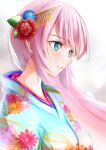  1girl absurdres aqua_eyes aqua_kimono commentary floral_print flower from_side grin hair_ornament highres japanese_clothes kanzashi kimono lips long_hair megurine_luka pink_hair red_flower smile solo upper_body vocaloid yokaze_(yokajie) 