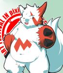  2011 anthro belly black_nose fur kemono navel nintendo one_eye_closed overweight overweight_anthro pok&eacute;mon pok&eacute;mon_(species) red_body solo sugekuma text video_games white_body white_fur wink zangoose zangoose_day 