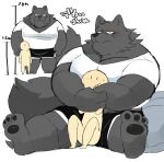  2020 anthro barazoku black_body black_fur bottomwear canid canine canis clothing domestic_dog duo fur hug hugging_from_behind hyaku_(artist) japanese_text kemono male mammal musclegut overweight overweight_anthro overweight_male shirt shorts simple_background sitting text topwear white_background 