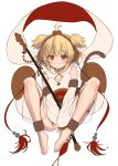  1girl :d alphy andira_(granblue_fantasy) animal_ears antenna_hair bangs barefoot between_legs blonde_hair blush breasts collarbone detached_sleeves erune granblue_fantasy grin hagoromo hand_between_legs highres knees_up leotard looking_at_viewer monkey_ears monkey_girl monkey_tail open_mouth sash see-through_sleeves shawl short_hair sidelocks simple_background sleeveless small_breasts smile solo symbol_commentary tail two_side_up white_background white_leotard wide_sleeves 