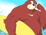  2011 4:3 anthro belly black_nose brown_body brown_fur cute_fangs fur humanoid_hands kemono male mammal moobs outside overweight overweight_anthro overweight_male solo sugekuma surfboard ursid vehicle watercraft 