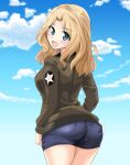  1girl :d abimaru_gup ass blonde_hair blue_eyes blue_shorts blue_sky brown_jacket cloud cloudy_sky commentary day denim denim_shorts emblem eyebrows_visible_through_hair from_behind girls_und_panzer hair_intakes highres jacket kay_(girls_und_panzer) long_hair long_sleeves looking_at_viewer looking_back military military_uniform open_mouth outdoors saunders_military_uniform short_shorts shorts sky smile solo standing star_(symbol) twitter_username uniform 