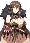  1girl bangs bare_shoulders black_dress blush breasts brown_eyes brown_hair cleavage dress fate/apocrypha fate/grand_order fate_(series) feather_trim fur_trim highres large_breasts long_hair looking_at_viewer out_of_frame outstretched_arm parted_lips pointy_ears semiramis_(fate) sidelocks simple_background solo_focus sweat very_long_hair white_background zeroshiki_kouichi 
