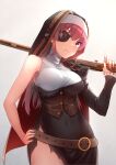  1girl belt belt_buckle breasts buckle eyebrows_visible_through_hair eyepatch frown hand_on_hip highres holding holding_weapon hololive houshou_marine navel pocket_watch purple_hair sitouanang torn_clothes virtual_youtuber watch weapon weapon_request 