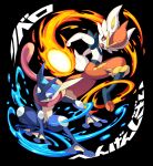  cinderace commentary_request fire gen_6_pokemon gen_8_pokemon greninja highres iroyopon looking_back open_mouth paws pokemon pokemon_(creature) teeth toes tongue translation_request water 