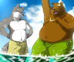  2015 anthro belly brown_body brown_fur canid canine canis clothing domestic_dog duo fur grey_body grey_fur humanoid_hands kemono male mammal navel one_eye_closed overweight overweight_male sugekuma swimwear ursid water white_body white_fur wink 