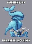  anthro bent_over breast_squish breasts dripping_wet eeveelution english_text female grey_background hi_res impact_(font) nintendo pok&eacute;mon pok&eacute;mon_(species) profanity raised_tail simple_background sniffing solo squish text unknown_artist vaporeon video_games wet white_text wiggling_hips 