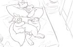  2021 anthro armpit_hair bed bedroom body_hair canid canine canis clothing cuddling domestic_pig eyes_closed facial_hair furniture group hat headgear headwear hug inside leonthelionel male male/male mammal mustache nipples overweight overweight_male sketch sleeping suid suina sus_(pig) wolf 