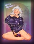  1girl barefoot blush bottle bottomless box breast_squeeze breasts christmas christmas_sweater commentary cross cross_earrings dorohedoro ear_piercing earrings english_commentary female_pubic_hair forehead full_body gift gift_box happy_holidays highres huge_breasts inverted_cross jewelry justrube long_hair looking_at_viewer noi_(dorohedoro) piercing print_sweater pubic_hair pubic_hair_peek purple_sweater red_eyes short_eyebrows silver_hair sitting solo sweater thick_thighs thighs toenails toes white_pubic_hair wine_bottle 